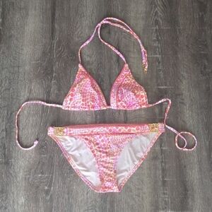 Trina Turk Pink and Orange Bikini Set Swimwear Gold Hardware